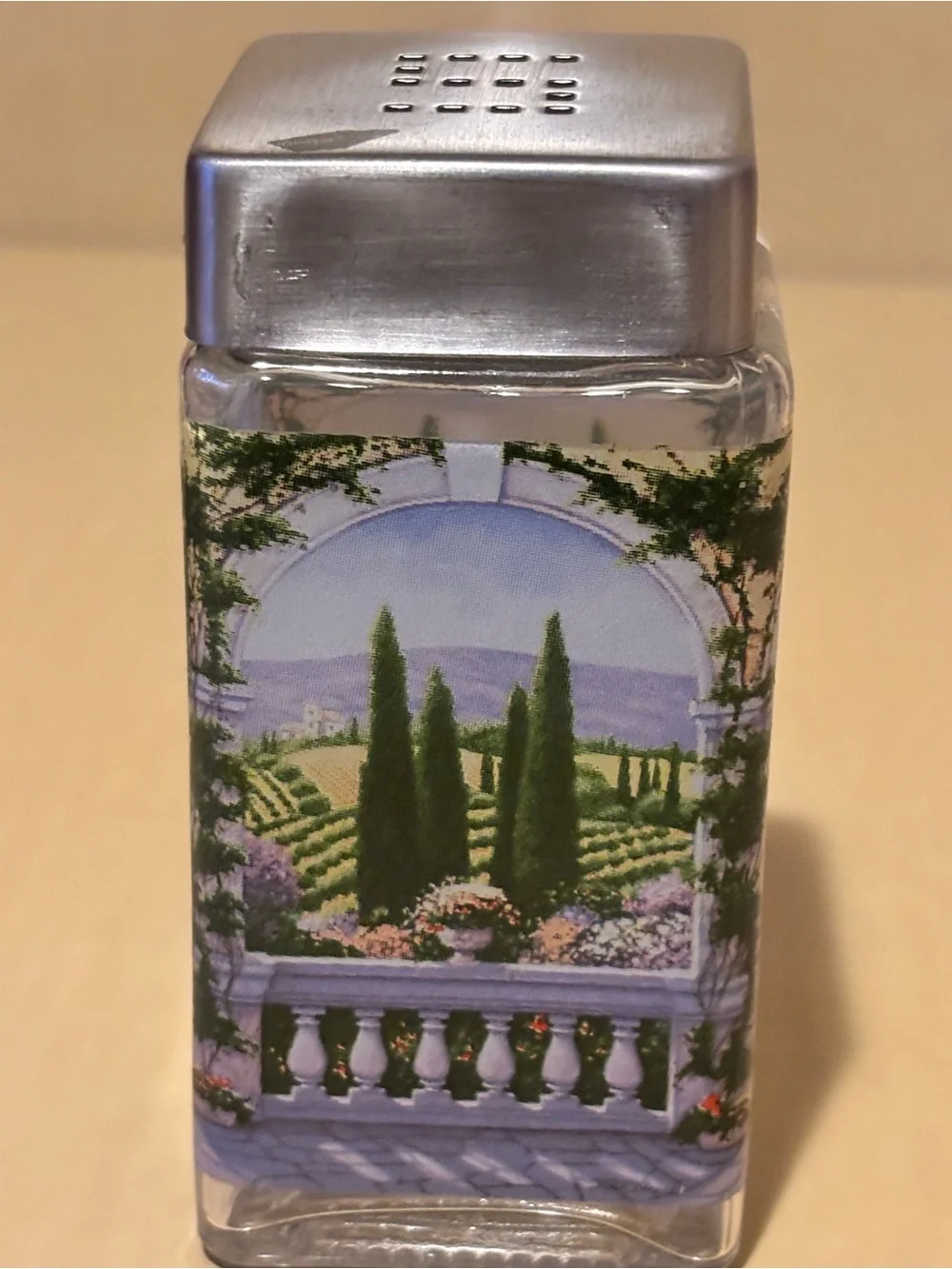 Italian Scene Glass Salt and Pepper Set with Caddy